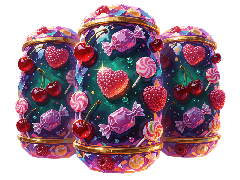 Trzy kryształowe bębny ze złotymi obręczami i symbolami candy - wiśniami, żelkami i lizakami - sloty online
